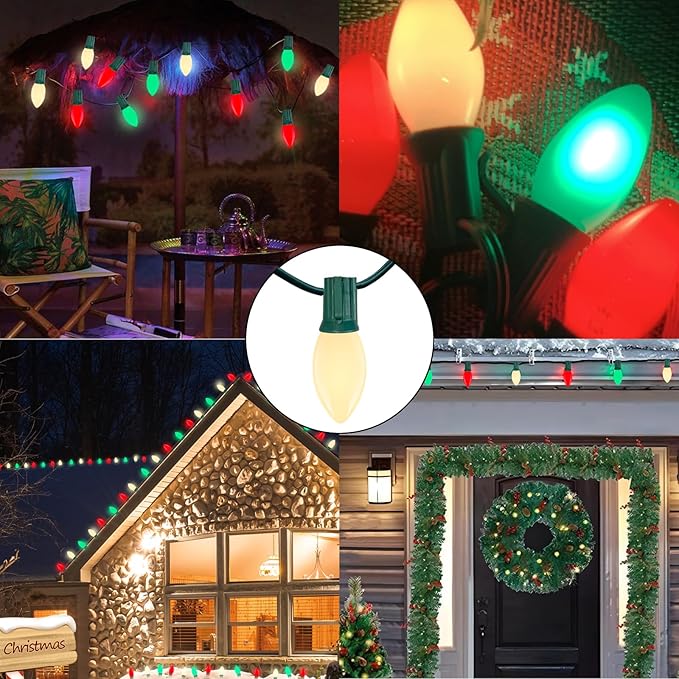 Red Green White LED Christmas Lights, 25FT Waterproof C9 Multicolor Outdoor With 26 Shatterproof Bulbs, Commercial Hanging for Roof Patio Balcony Party Xmas Decor-VerdiqueGarden