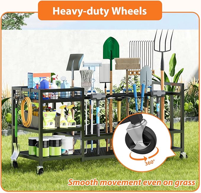 Garden Tool Organizer with Wheels-Movable Garden Tool Rack with Storage Hooks for Long-Handled Tools/Rakes/Brooms/Shovels,Heavy Duty Metal Garden Tool Storage for Garage,Shed,Garden,Black-VerdiqueGarden