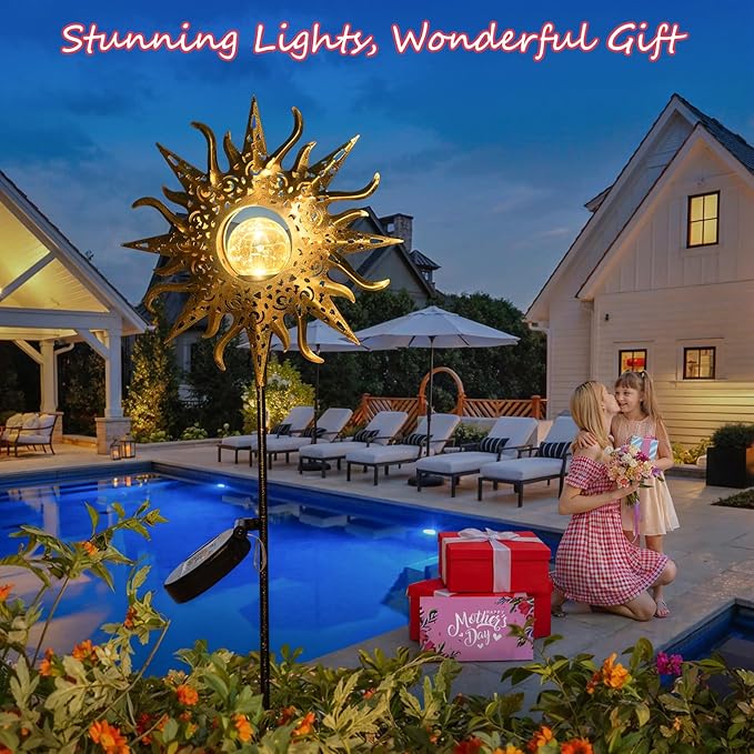 HOMEIMPRO Large Sun Solar Garden Decor Lights Outdoor Garden Gifts Mom Dad, Crackle Glass Metal Stake,Yard Decorations, Waterproof LED Lights for Lawn Patio Ornaments, Mothers Day Gifts for Women-VerdiqueGarden