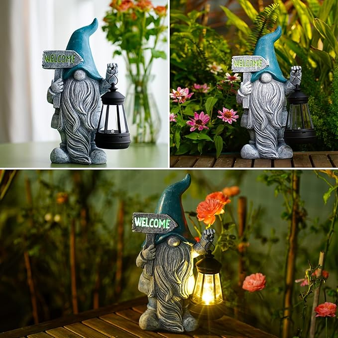 Welcome Gnomes with Solar Lantern - Garden Gnomes with Solar Lights, for Mom or Women, Housewarming Gnome Decorations-VerdiqueGarden