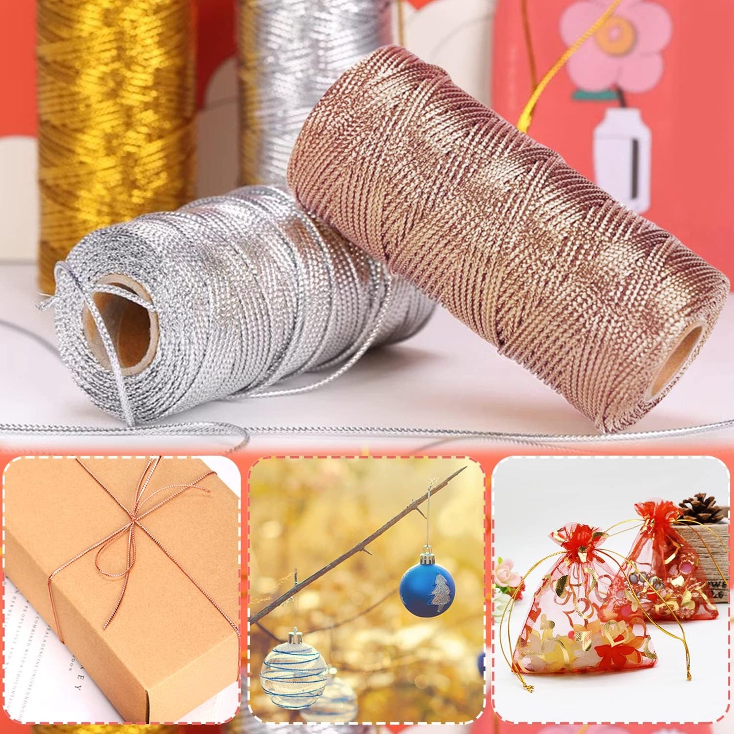 Anvin Metallic Bakers Twine - 328 Yards, Pack of 3 (Gold, Silver, Rose Gold) for Arts & Crafts, DIY Tags & Ornaments-VerdiqueGarden