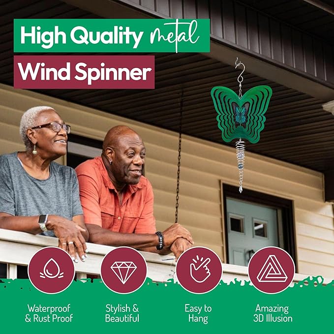ISEO Butterfly Wind Spinner and Gazing Ball Set, Metal Wind Spinner Garden Decor, Hanging Garden Decorations, Weather-Resistant Outdoor Wind Spinners, 6.5" Spinner Garden Décor-VerdiqueGarden