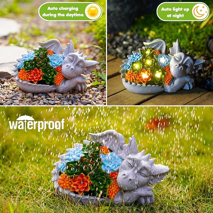 Solar Dragon Statue with Succulent Lights - Dragon Garden Sculptures & Statues,Garden Decor for Outdoor Yard Art Ornaments 9.1inch (Gray)-VerdiqueGarden