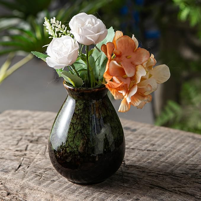 JOJUNO Glazed Rustic Bud Vase Set of 4 - Small Ceramic Mini Pottery Vases in White, Yellow, Green, Red - Ideal for Fresh & Dried Flowers - Modern Farmhouse Décor for Living Room, Shelves, Dining Table-VerdiqueGarden