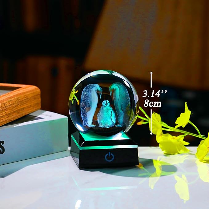 Penguin Gifts for Women 3D Crystal Ball 3.14'' - Laser Penguin Decor Glass Animals Penguin Gifts Figurines Statue Stuff for Room Decorations Penguin Night Light-VerdiqueGarden