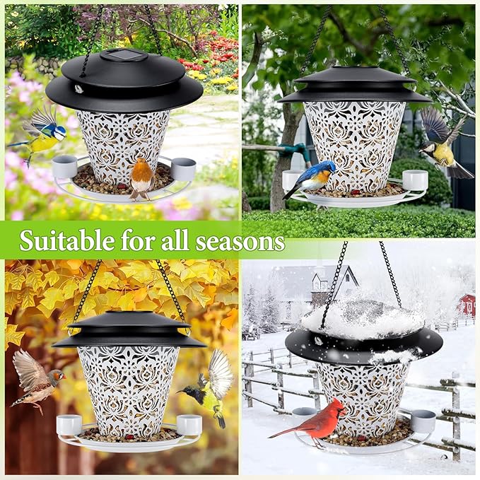 Solar Bird Feeders for Outside Hanging Metal Wild Bird Feeder Solar Lanterns Outdoor Waterproof Garden Decor for Yard White-VerdiqueGarden