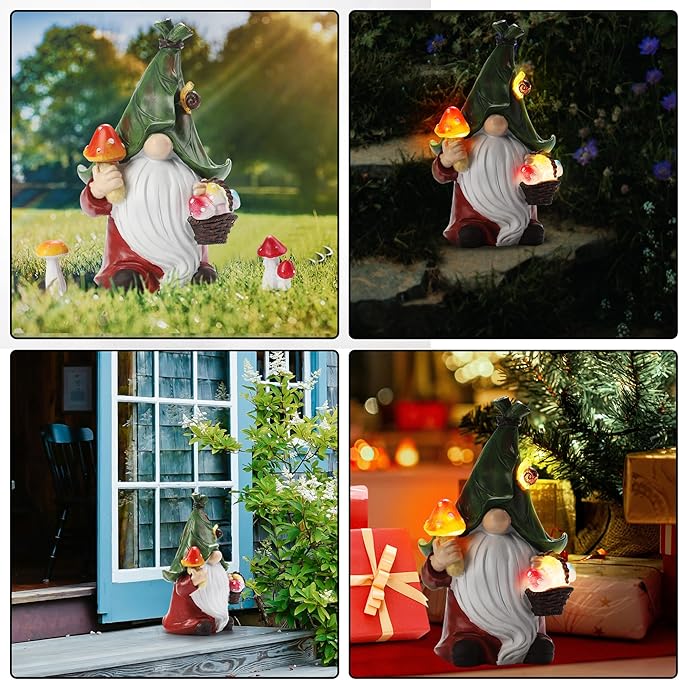 Mushroom-Picking Gnome Solar Garden Statue with 3 LED Lights, Set with 1 Gnome and 2 Small Mushroom, Lovely Garden Gnome Set for Patio, Yard, Lawn Ornament, Outdoor Decor-VerdiqueGarden