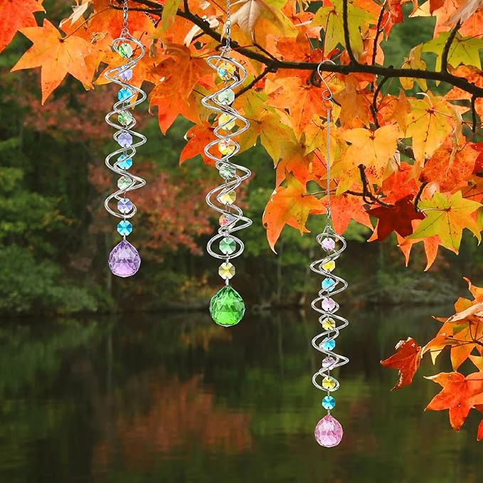 H&D HYALINE & DORA Set of 3 Crystal Sun Catcher for Window Hanging Double-Spiral Gazing Ball Spiral Tail Rainbow Maker Wind Spinners Outdoor for Garden, Patio, Porch, Christmas-VerdiqueGarden