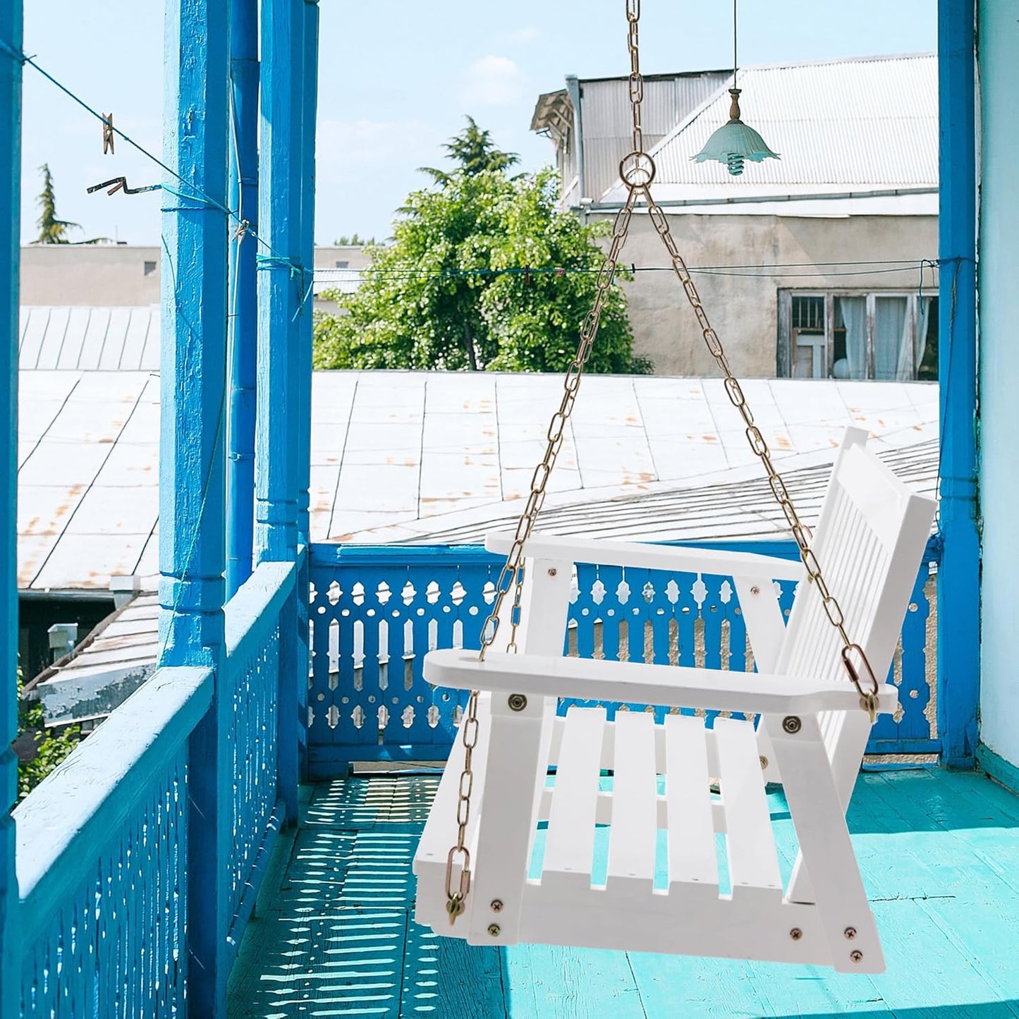 Anraja Wooden Porch Swing 2-Seater, Bench Swing with Hanging Chains, Heavy Duty 800 LBS, for Outdoor Patio Garden Yard, 4 Ft, White-VerdiqueGarden