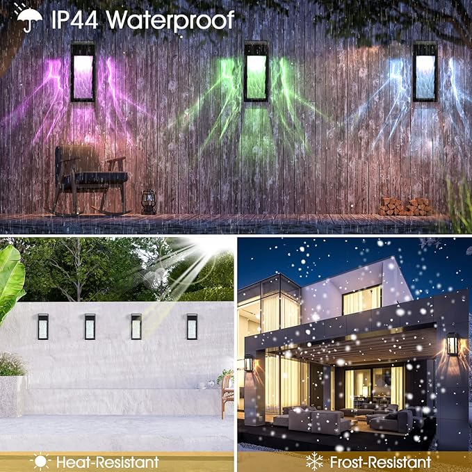 Metal Solar Lights Outdoor, 4 Pack Textured Glass Solar Fence Lights, Solar Wall Lights Outdoor Waterproof, Fence Lights Solar Powered for Yard Porch Patio Garden Decor (Warm/Color Changing)-VerdiqueGarden