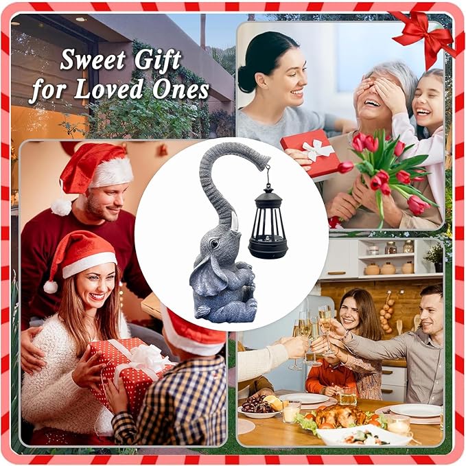 10.6 Inch Statue Elephant with Solar Outdoor Lights for Garden Decor,Lucky Present with Appeal for Birthdays(Man and Women and Family),Unique Housewarming Presents and Yard Decor. (Gray)-VerdiqueGarden