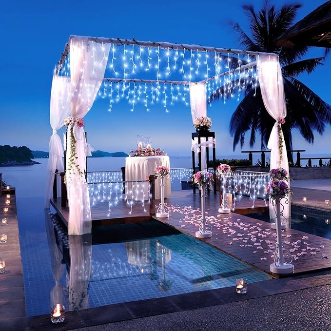 Icicle Lights for Outside, 33FT 400 LED Icicle Christmas Lights with 8 Modes 75 Drops, Waterproof Plug in Curtain String Lights for Outdoor Indoor House Yard Roof Wedding Decorations, White-VerdiqueGarden