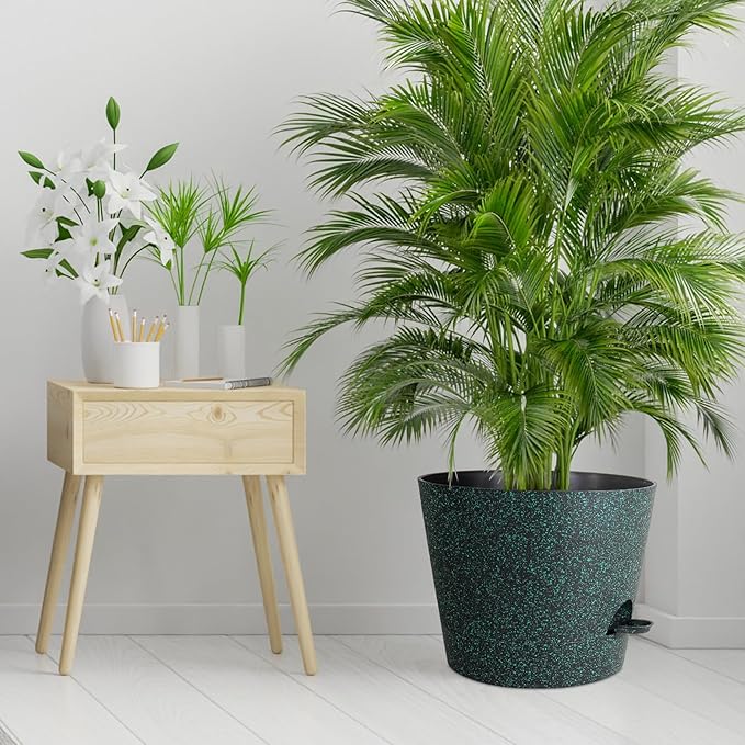 12 inch Large Self Watering Pots for Indoor Outdoor Plants, Flower Plant Pots with Mesh Drainage Holes for Garden, Plastic Planters with Reservoir for Home Plants, Black with Green Speckles-VerdiqueGarden