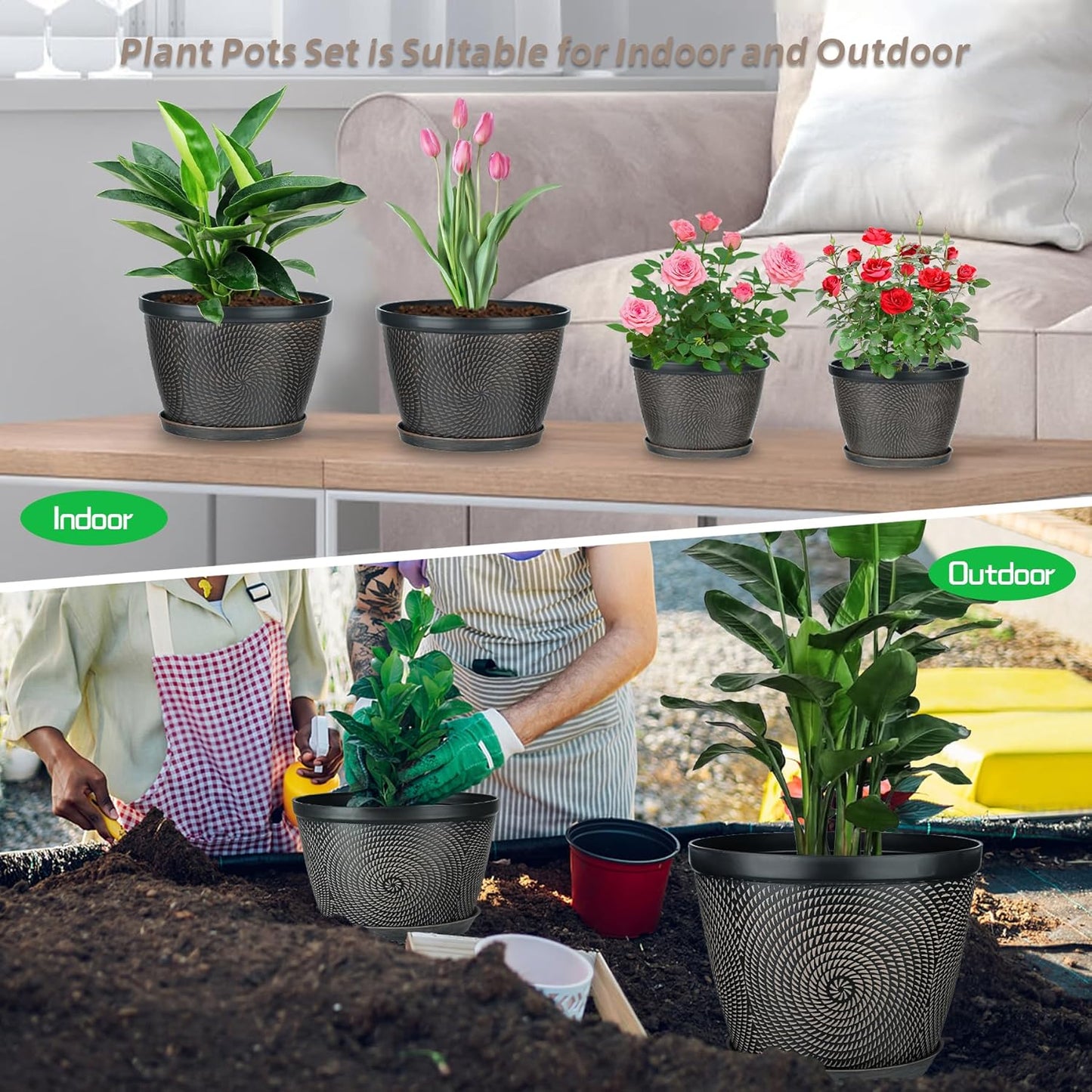 Quarut 4 Pack 8 Inch Flower Pots for Outdoor Indoor, Plastic Plant Pots with Drainage Hole & Saucer, Lightweight Small Flower Pot, Circle Pattern Planters for Garden House planters(Black Copper)-VerdiqueGarden