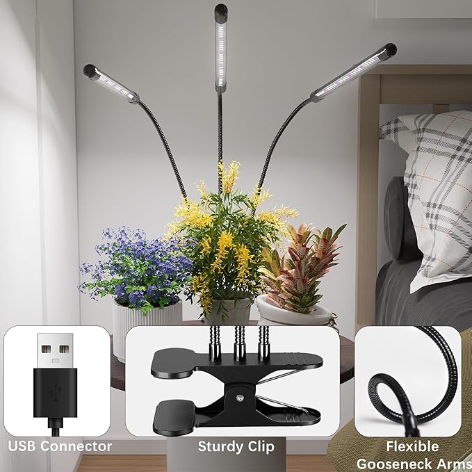 Super Bright Plant Grow Light Clip-on, 6000K Full Spectrum Gooseneck Growing Lamp with White Red Blue LEDs for Indoor Plants, Dimmable, Auto On/Off Timer 4/8/12Hrs, Independent Control Light Bars-VerdiqueGarden