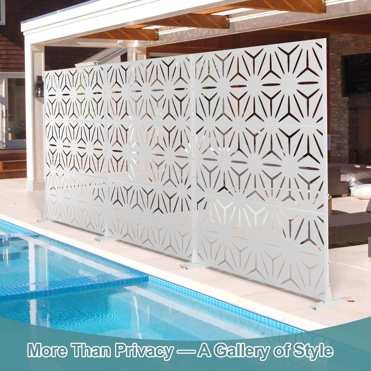 Metal Privacy Screen Outdoor Freestanding Privacy Wall Panels and Decorative Patio Dividers, Crafted from Steel with Sun-Proof Design, Ideal for Patio, Deck, Garden,72" H×47" L,(White&Star)-VerdiqueGarden