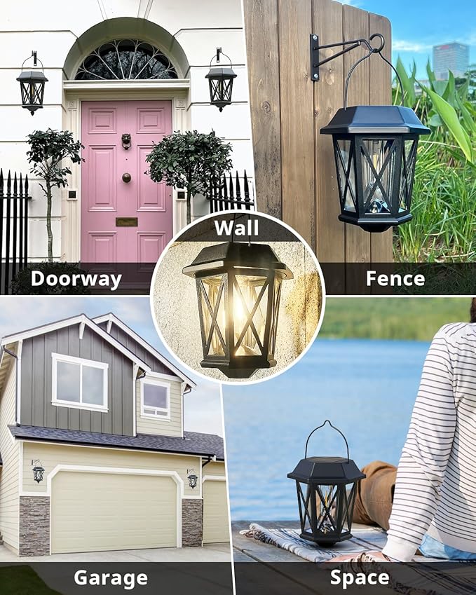 Solar Lanterns Outdoor Waterproof, Hanging Solar Lights with Glass Shade - 2 Pack LED Metal Wall Mount Outdoor Light for Yard/Garden/Patio - Black-VerdiqueGarden