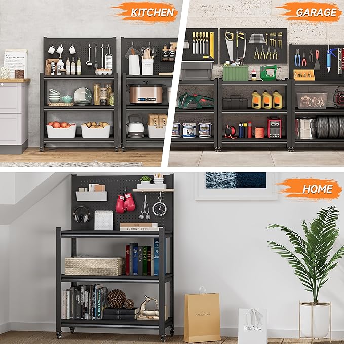 Workbench with Pegboard, Adjustable Heavy Duty Work Table with Wheels, Heavy Duty Workstation, Metal Tool Work Bench for Garage Warehouse Workshop, 48" H x 18" D x 34" W, Black-VerdiqueGarden