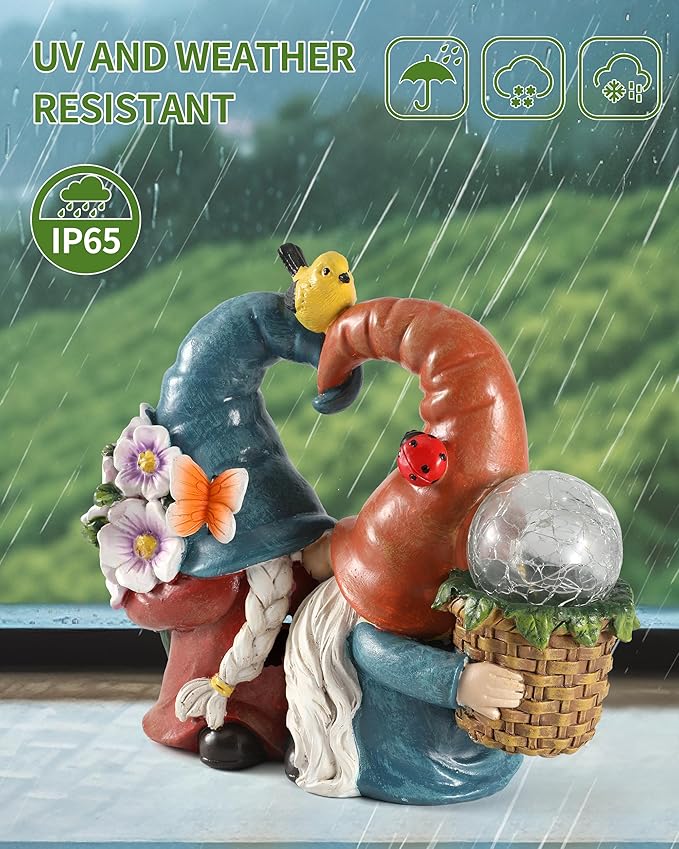 iStatue Solar-Powered 8.3'' Spring Summer Kissing Gnomes Decorations for Home & Garden - Decorative Outdoor Lawn Ornaments and Statues Clearance (Loved Gnomes)-VerdiqueGarden