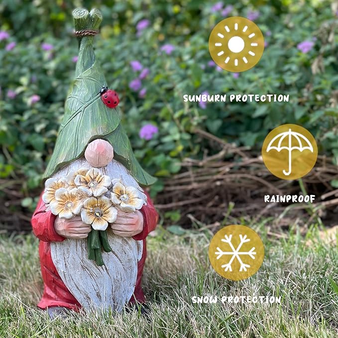 Garden Gnome Statue Outdoor Decor, Solar Garden Gnome Figurine Light, Resin Statues Sculpture for Patio Yard Lawn Outdoor Decorations-VerdiqueGarden