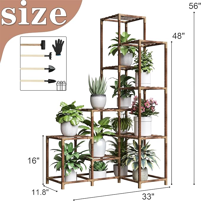 HOMKIRT Plant Stand Indoor Outdoor, 14 Tier Large Corner Plant Stand Tall Plant Shelf Rack Flower Stand For Multiple Plants, Wood Plant Holder Ladder Table Display For Patio Garden Balcony Window-VerdiqueGarden