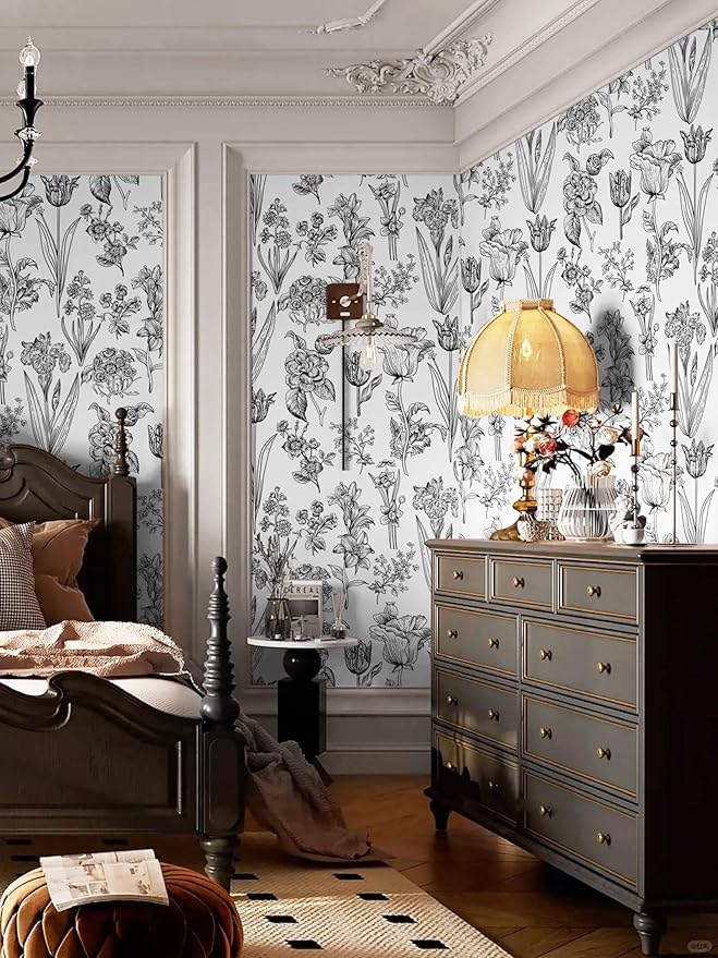 Dimoon 236"x17.3" Floral Peel and Stick Wallpaper White Contact Paper Waterproof Black Lines Wallpaper Vintage Flower Thicken Plant Self Adhesive Removable Wall Covering Shelf Liner Decal Vinyl Roll-VerdiqueGarden