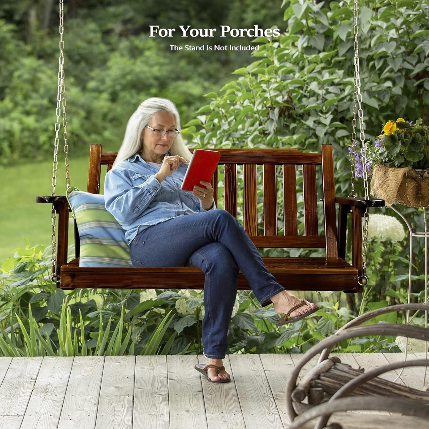 VINGLI Upgraded Heavy Duty 880 LBS 4 FT Patio Wooden Porch Swing Solid Fir Wood, Outdoor Handing Swing Bench for Garden | Yard | Balcony | Tree, Rustic-VerdiqueGarden