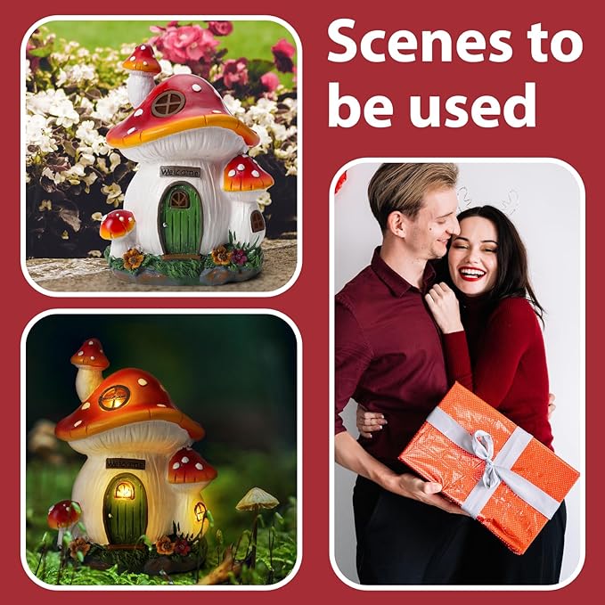 Mushroom House Garden Statue Outdoor, Solar Light Mushroom House Garden Figurines for Lawn, Balcony, Yard Decoration, Outdoor Garden Decoration-VerdiqueGarden