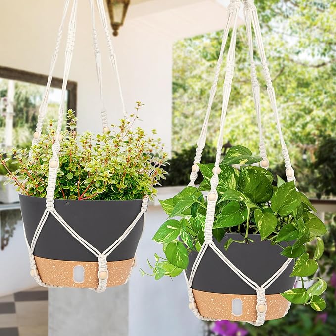 QCQHDU 2 Pack Hanging Planters for Indoor Plants, Outdoor Hanging Baskets, Self Watering Pots with Drainage Holes & Removable Tray (Dark Grey, 8 inch, Macrame Hanger)-VerdiqueGarden