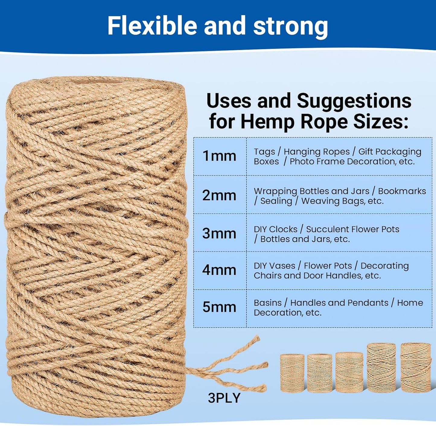 Natural Jute Twine String,Bulk Jute Rope Cord Twine for Crafting Gardening,Roll of Thick and Thin Twine for Gift Wrapping,Brown Decorative Rope,Ornament Twine for Cat Scratch Post (5mm x 328ft)-VerdiqueGarden