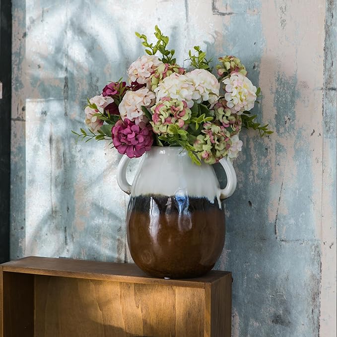 Multi Gradient Ceramic Vase with 2 Handles, Modern Farmhouse Decor, Rustic Terracotta Pottery, Decorative Flower Vases, Clay Small Vase, Centerpiece for Dining Table - 7 Inch Tall-VerdiqueGarden