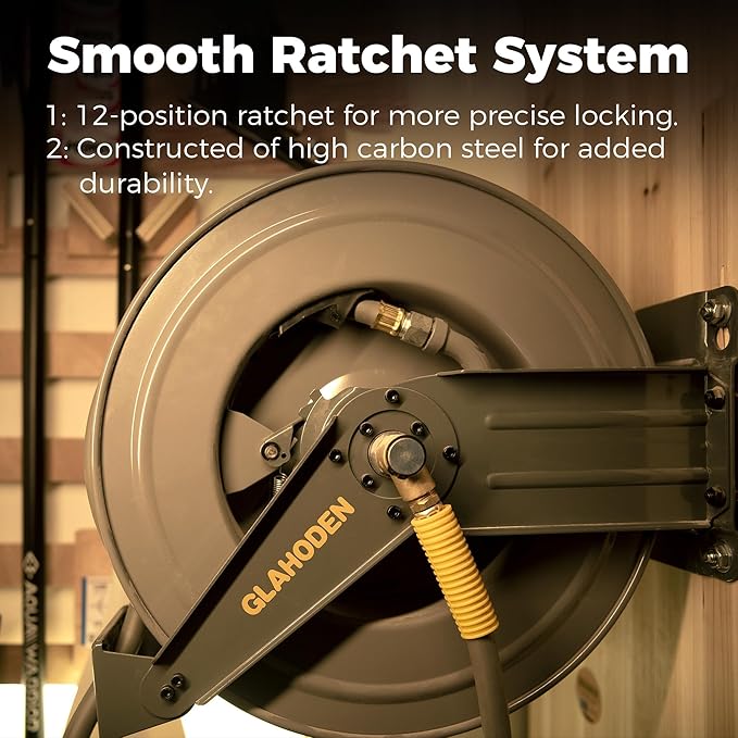 Double Arm Retractable Air Hose Reel, 3/8 in × 80 ft Hybrid Hose Heavy Duty Steel Professional Air Compressor Hose Reel with 5 ft Lead in Max 300PSI Auto Rewind Quick Coupler Swivel Fitting-VerdiqueGarden