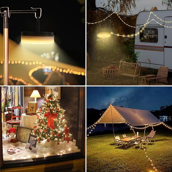 Solar Camping String Lights, 39.4FT Portable Waterproof Camping Light with 8 Lighting Modes, Solar Powered and USB Rechargeable Tent Lantern with Remote Control for Camping, Yard, Garden and Hiking-VerdiqueGarden
