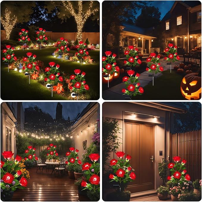 1 Pack Solar Garden Lights Outdoor, 7-Flower Rose Solar Lights for Yard, LED Solar Powered Stake Lights for Patio Pathway Lawn Fence Cemetery, Red-VerdiqueGarden