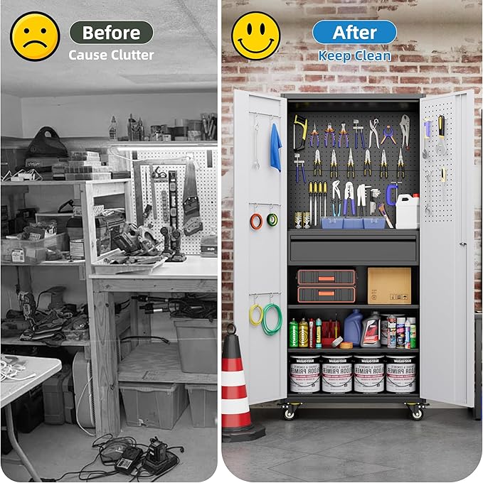 Metal Garage Cabinet with Wheels,71''H Rolling Lockable Steel Tool Storage Cabinet with Pegboard &1 Drawer for Garage,Home,Office,Black Gray, Assembly Required-VerdiqueGarden