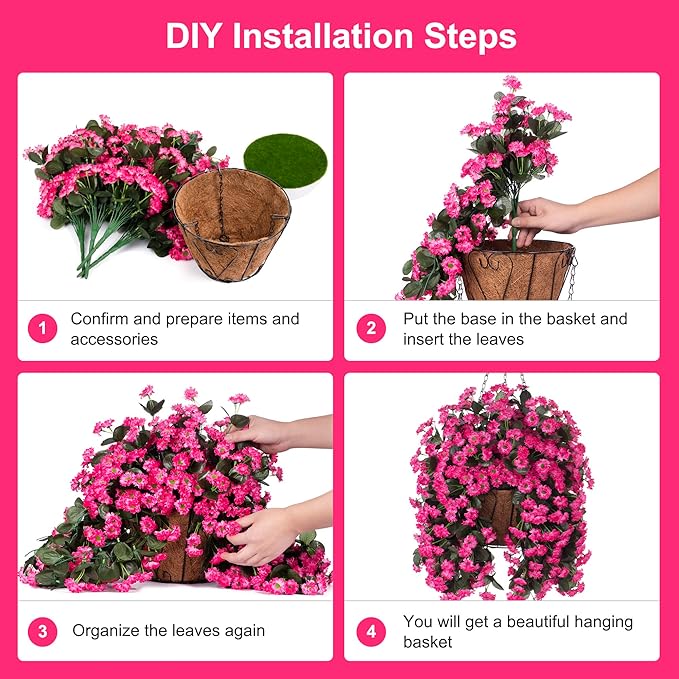 Hanging Baskets Artificial Flowers for Outdoor Interior Decor, Artificial Daisies Flowers Shrubs Plants with Baskets for Home Porch Garden Patio Patio Spring Summer Decor(Pink)-VerdiqueGarden