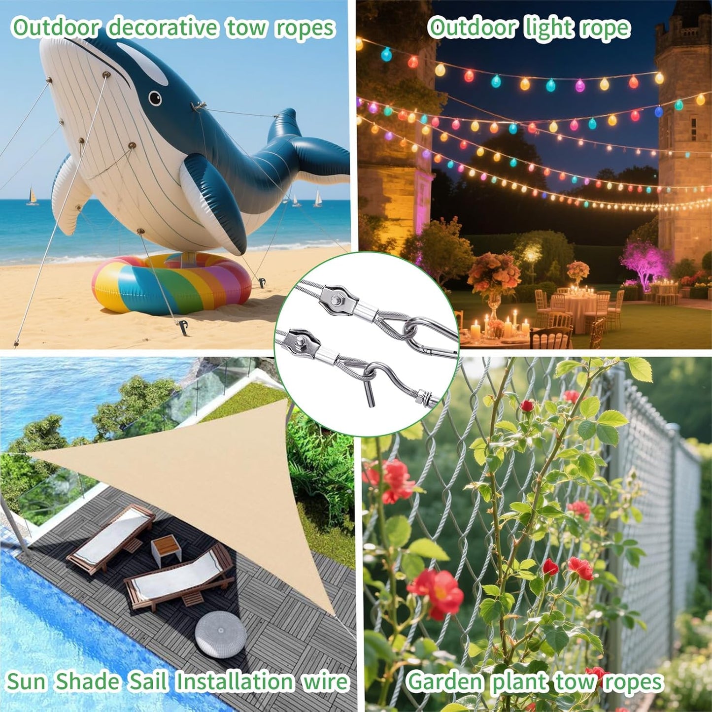 3/38" Wire Cable Rope Kit ,Vinyl Coated 304 Stainless Steel Wire – 300FT 7x7 Strand Cable with Turnbuckles,Shade Sail & Hanging Lights Hardware Kit for Outdoor, Garden,Patio, Crafts,-VerdiqueGarden