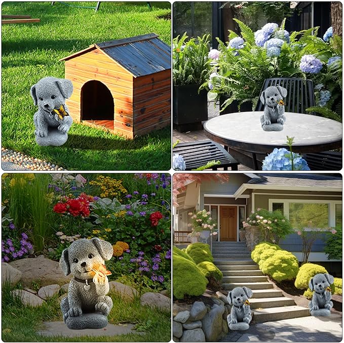 Solar Garden Decor Dog Statue with Butterfly Light Solar Lights Outdoor Waterproof Outdoor Solar Lights Garden Decor for Outside Lawn Decor Cute Dog Statue for Patio, Balcony, Yard Ornament-VerdiqueGarden