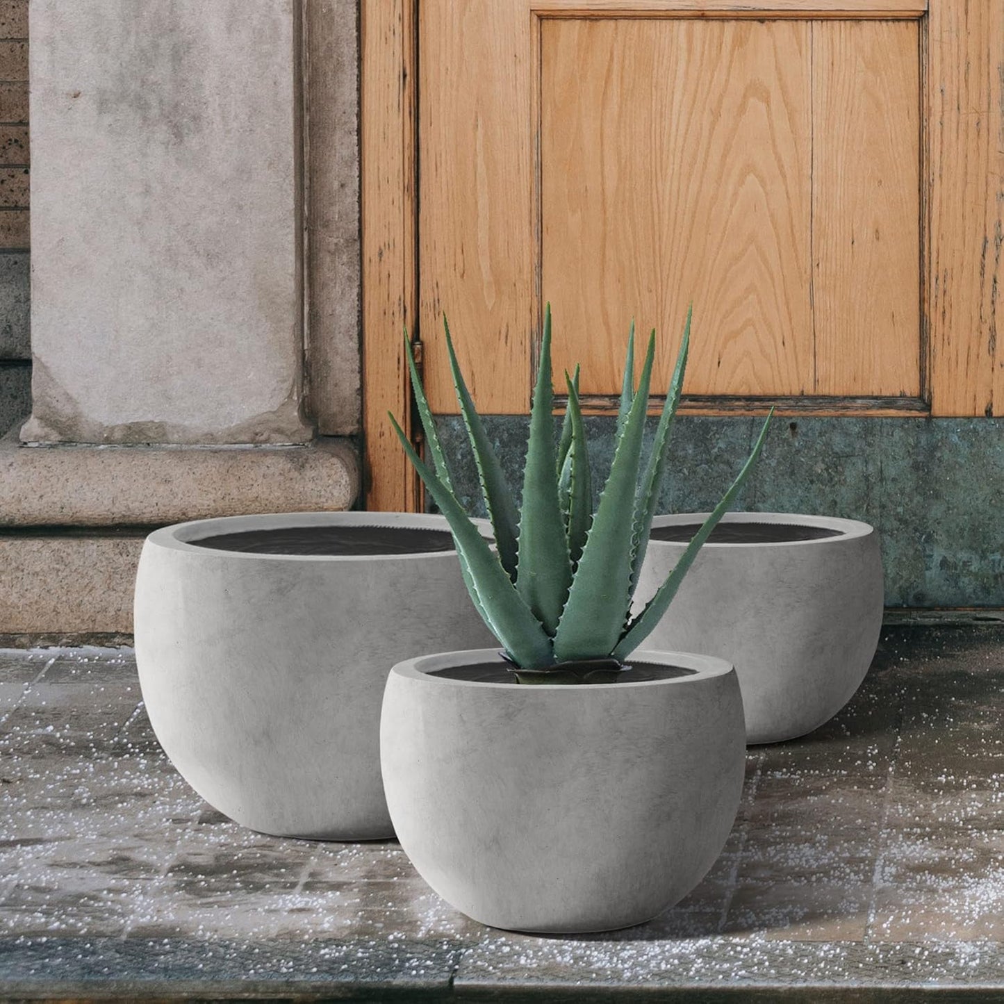 Kante 19.9",15.7",11.8" Dia Round Concrete Planter Set of 3, Outdoor/Indoor Large Bowl Plant Pots with Drainage Hole and Rubber Plug for Garden Patio Balcony Home, Natural Concrete-VerdiqueGarden