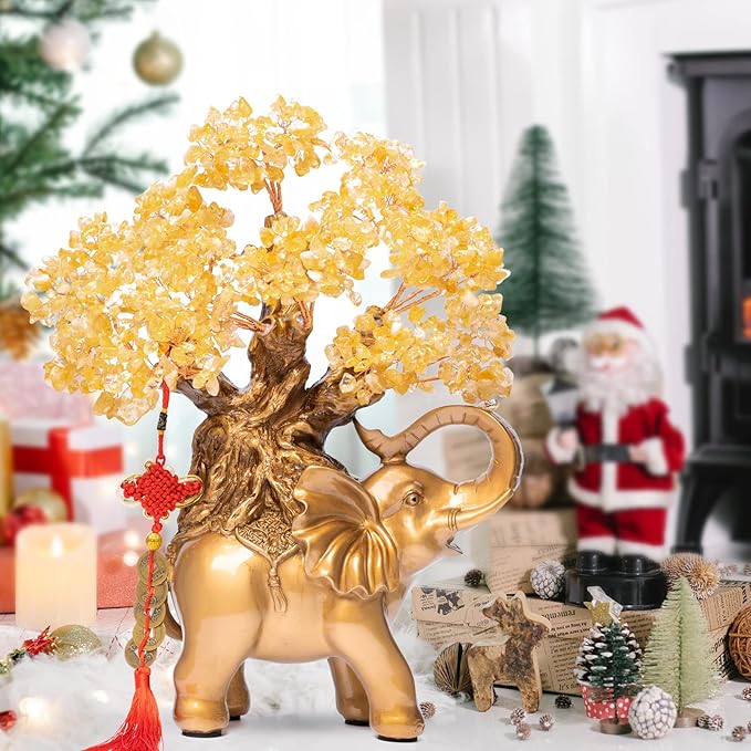 Citrine Crystal Money Tree on Gold Elephant Statue, 17”Large Gemstone Bonsai Tree of Life Home Décor Gifts for Wealth Positive Energy, Feng Shui Décor-VerdiqueGarden