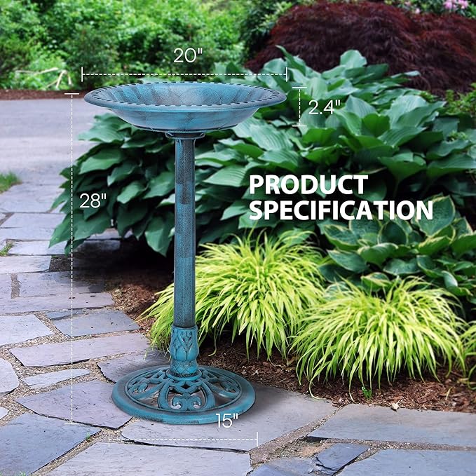 VIVOHOME 28 Inch Height Polyresin Lightweight Antique Outdoor Garden Bird Bath Blue-VerdiqueGarden