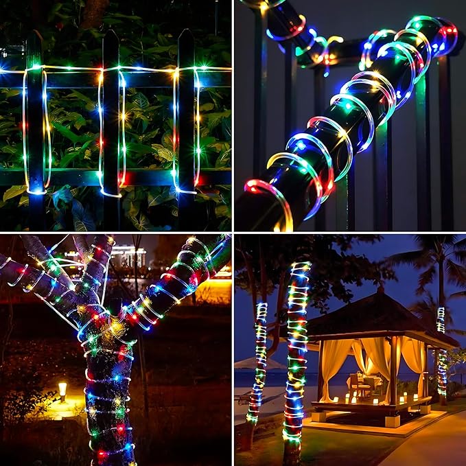 Solar Rope Lights, 2 Packs 66ft 200LED Solar String Lights, 8 Modes Waterproof Solar Powered Outdoor Light, Flexible Clear Tube Light for Garden Backyard Patio Deck Pool Tree Decorations- Multicolor-VerdiqueGarden