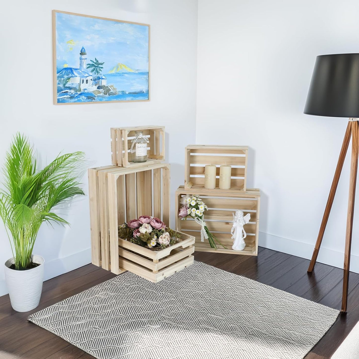 Wooden Crates, Unfinished Set of 5 Large Wood Crates with Handles, Rustic Farmhouse Wooden Crate for Decor, Wedding Birthday Home Party Living Room Kitchen Decoration-VerdiqueGarden