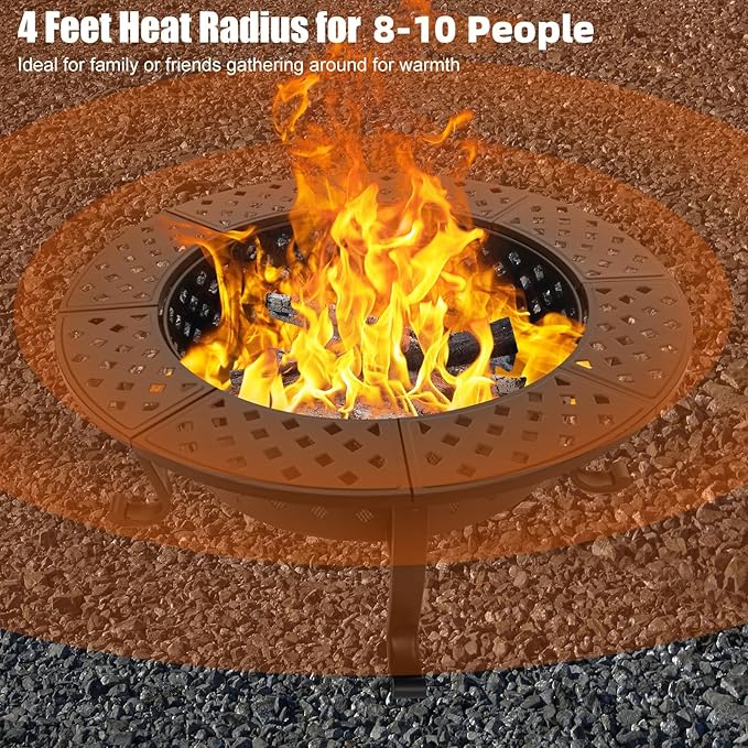 42 Inch Fire Pit with 2 BBQ Grills, Wood Burning Fire Pits for Outside with Lid & Fire Poker, BBQ& Outdoor Firepit & Round Metal Table 3 in 1 for Patio, Picnic, Party-VerdiqueGarden