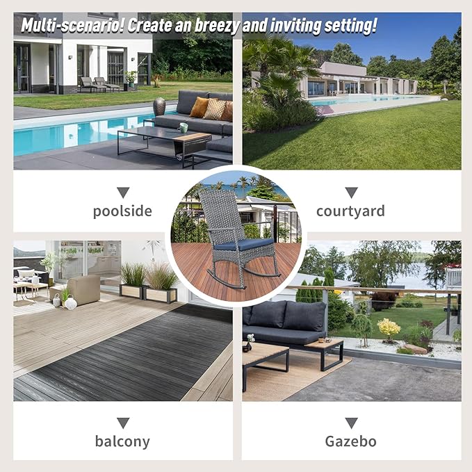 Rocking Chair Outdoor 3 Pieces High-Backed Patio Rocking Chairs Bistro Table and Chairs Set of 2, Navy Blue-VerdiqueGarden