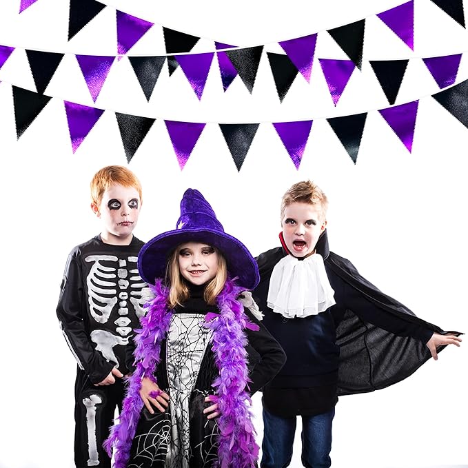 Purple and Black Party Decorations Metallic Fabric Triangle Pennant Banner Flag Bunting Garland for Graduations Birthday Retirement Wedding Baby Shower Bachelorette Halloween Outdoor Party Supplies-VerdiqueGarden