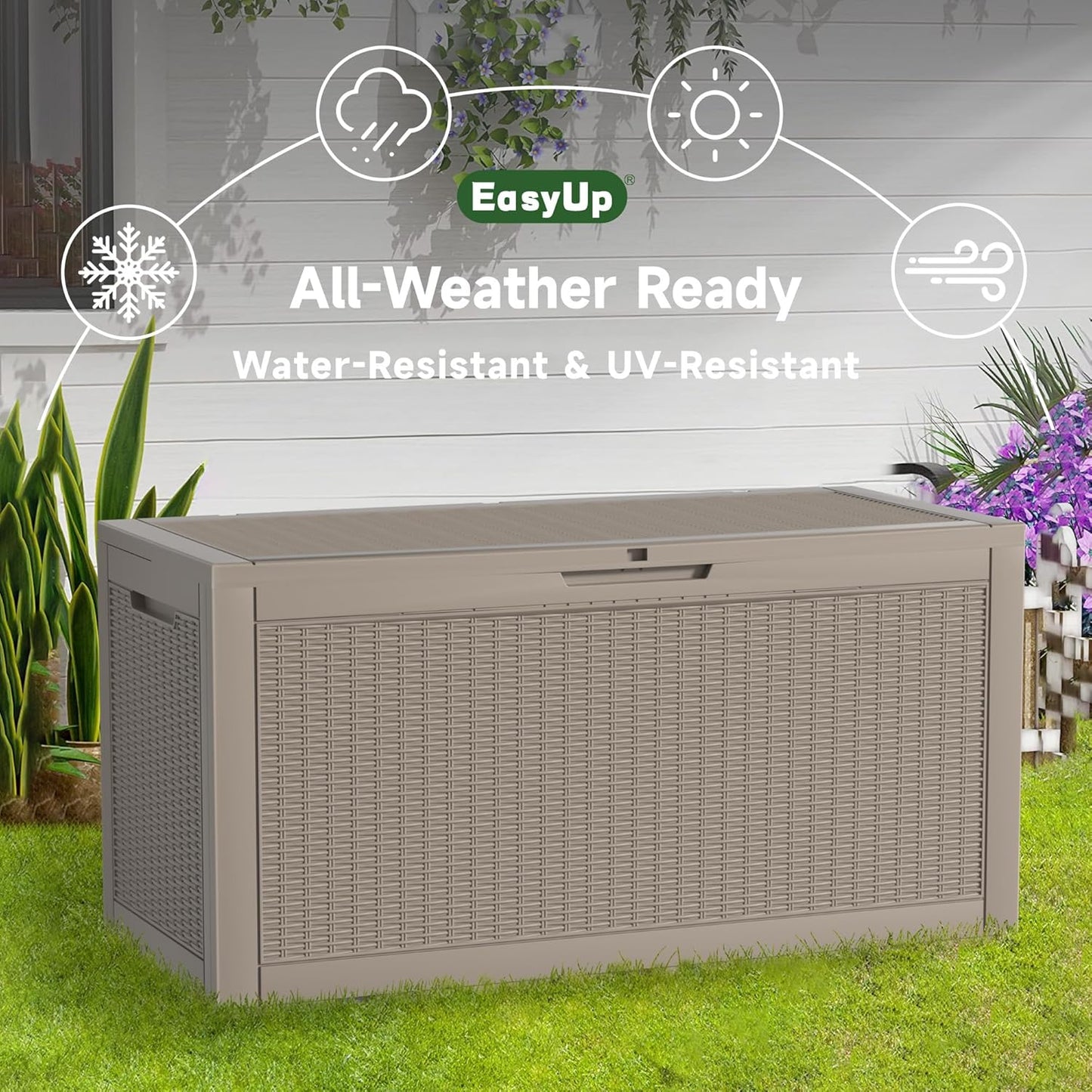 100 Gallon Outdoor Storage Box Waterproof, UV Resistant Resin Deck Box with Hydraulic Rod, Reinforced Stability for Patio, Garden, Rattan Gray-VerdiqueGarden