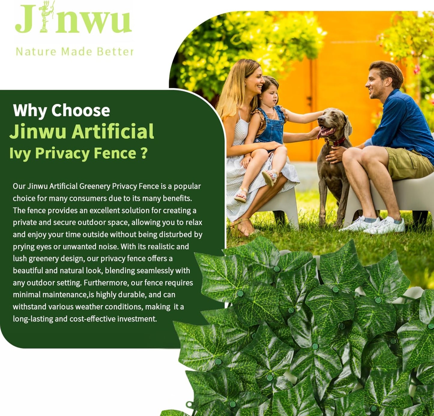 Jinwu Artificial Ivy Privacy Fence Screen (2 Rolls, Total 59x118 inch), Expandable Faux Privacy Fence with 80 pcs Zip Ties, Decoration for Outdoor Garden, Printed Sweet Potato Leaf-VerdiqueGarden