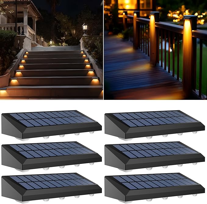 Solar Fence Lights Outdoor Waterproof IP65, 6 Pack Fence Lights Solar Powered 60 Lumens Auto On/Off Step Wall Lights Outside Decorations for Yard, Porch, Patio, Stairs, Pool, Deck, Garden- Warm Light-VerdiqueGarden
