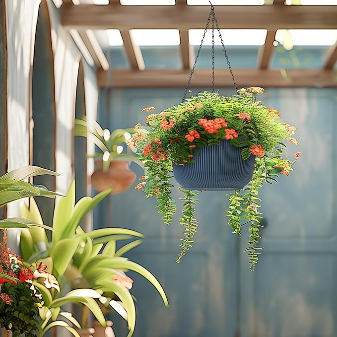 T4U 12 Inch Large Hanging Planters for Outdoor Plants, 2 Pack Self Watering Hanging Pots Indoor, Hanging Baskets for Plants,Hanging Flower Pot with Drainage Hole and Plant Hanger, Blue-VerdiqueGarden